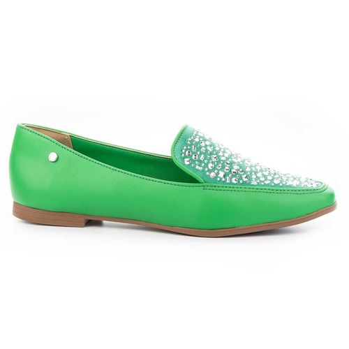 Sapato Tanara  Loafer Verde com Pedrarias