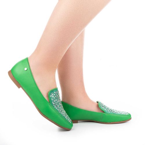 Sapato Tanara  Loafer Verde com Pedrarias