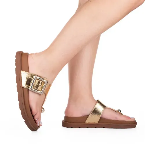 Chinelo Tanara  em Couro Flatform Metalizado
