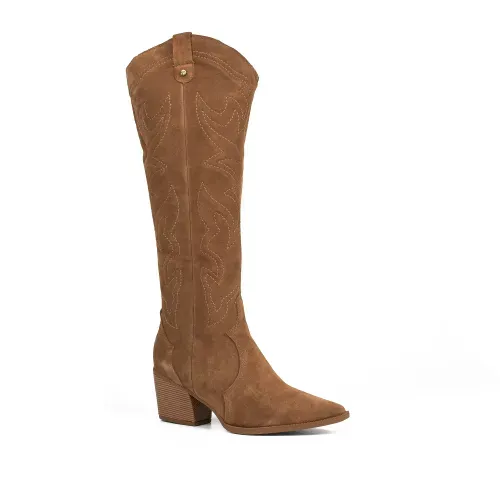 Bota Tanara Country Bico Fino Salto Bloco Feminina Marrom Claro