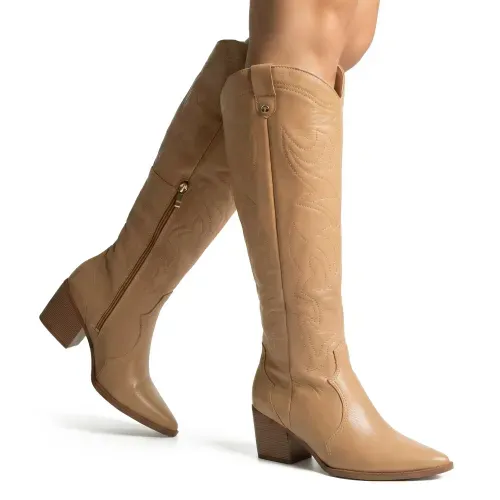 Bota Tanara Western em Couro Bege